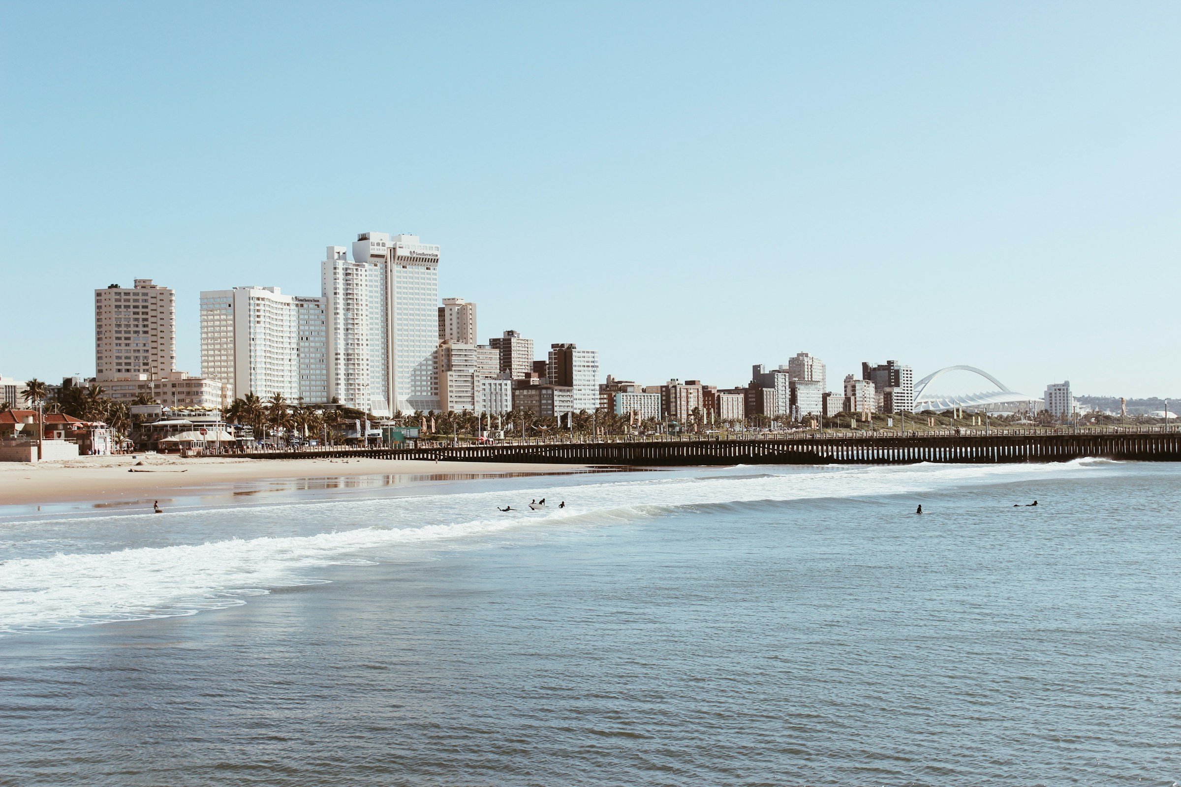 The Durban beachfront and city skyline seen from the coast
